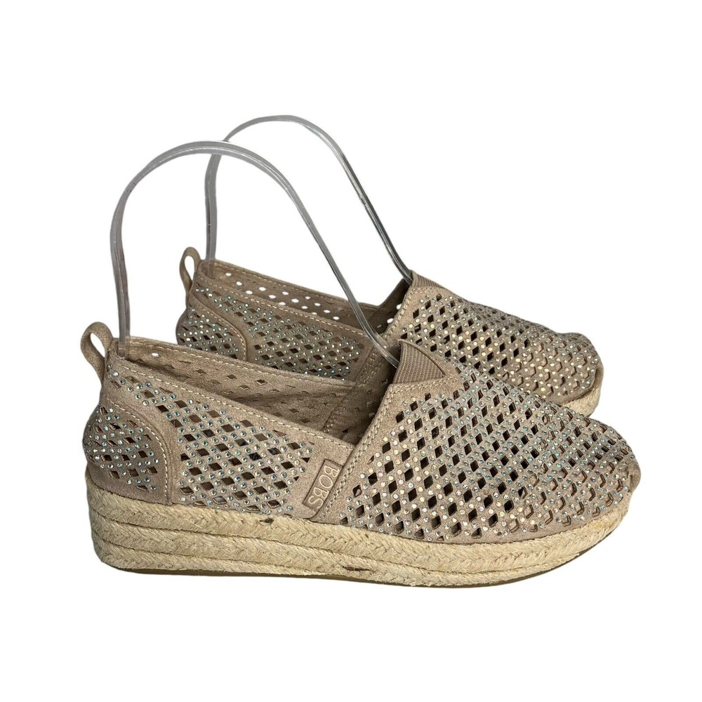 BOBS by Skechers Women's Taupe Espadrille Rhinestone Cutout Slip On Shoes 5.5